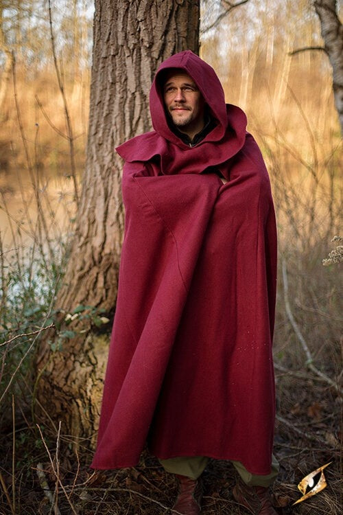 Middeleeuwse mantel met kap Thomas, rood, wolmix