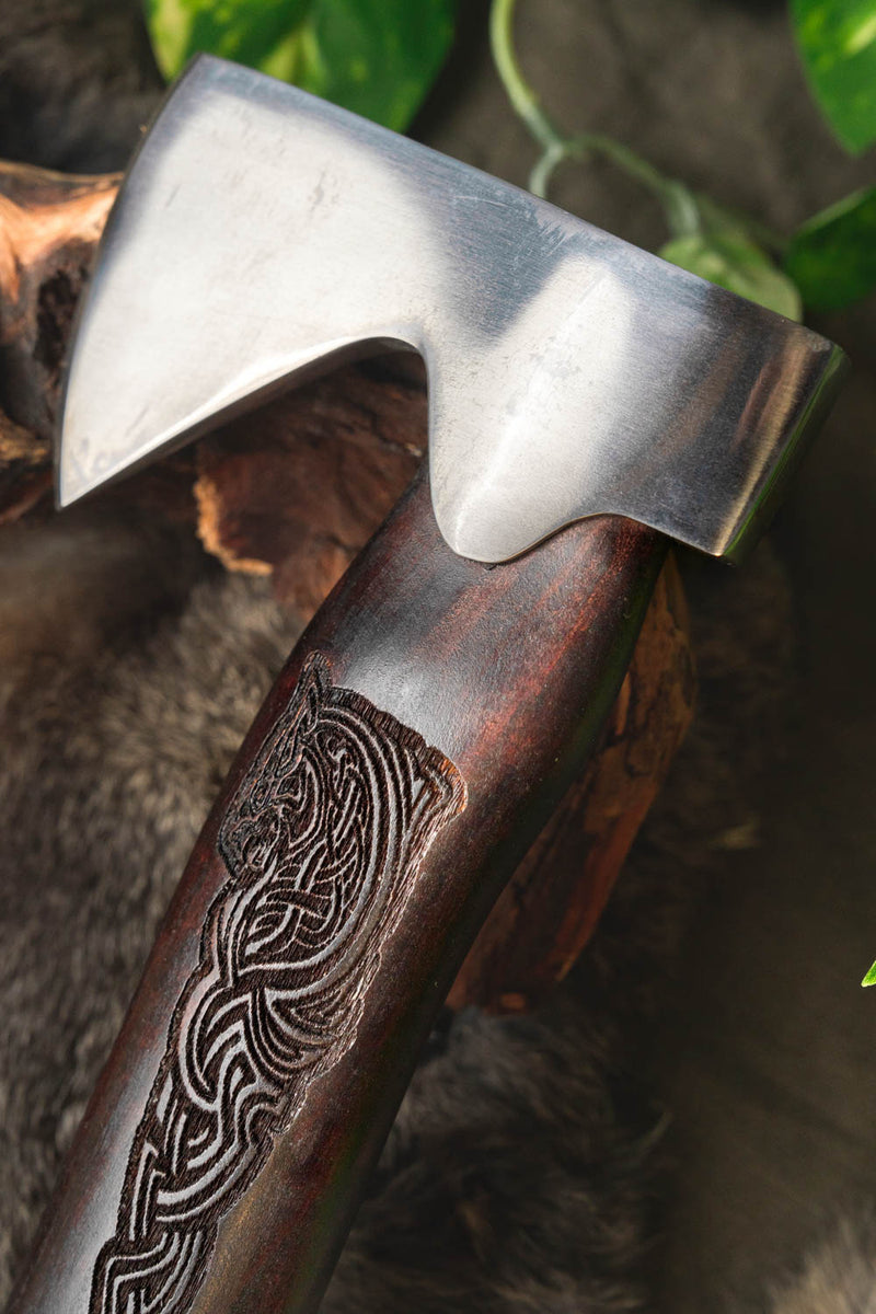 Rostfritt stål Viking handyxa med Mjolnir, halvvass 