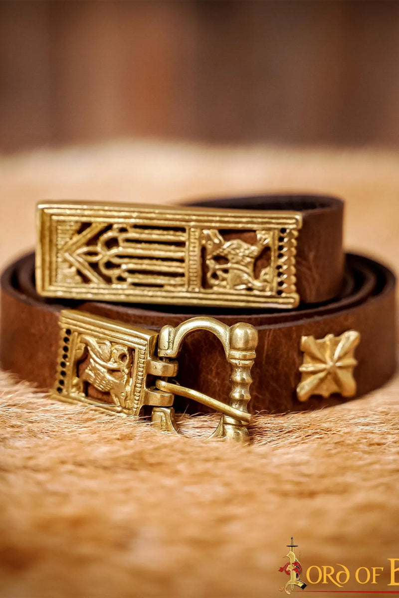 Medieval leather belt with brass fittings, brown