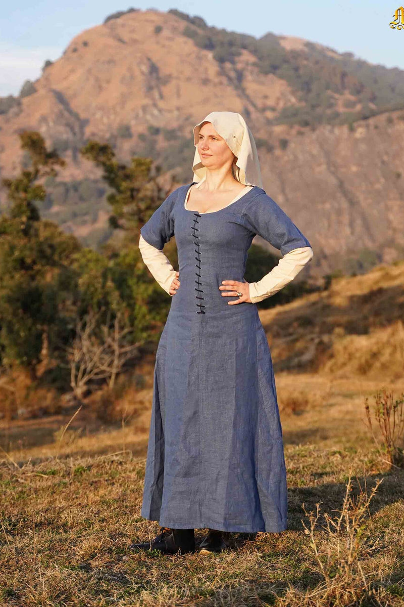 15e eeuwse cotehardie, linnen, blauw