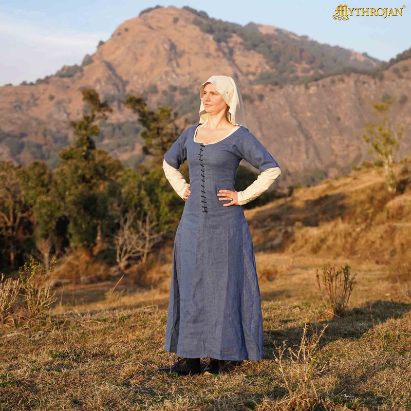 15e eeuwse cotehardie, linnen, blauw