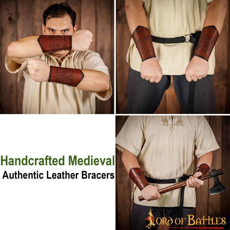 Läderarmskydd med drake, armskenor, brun 