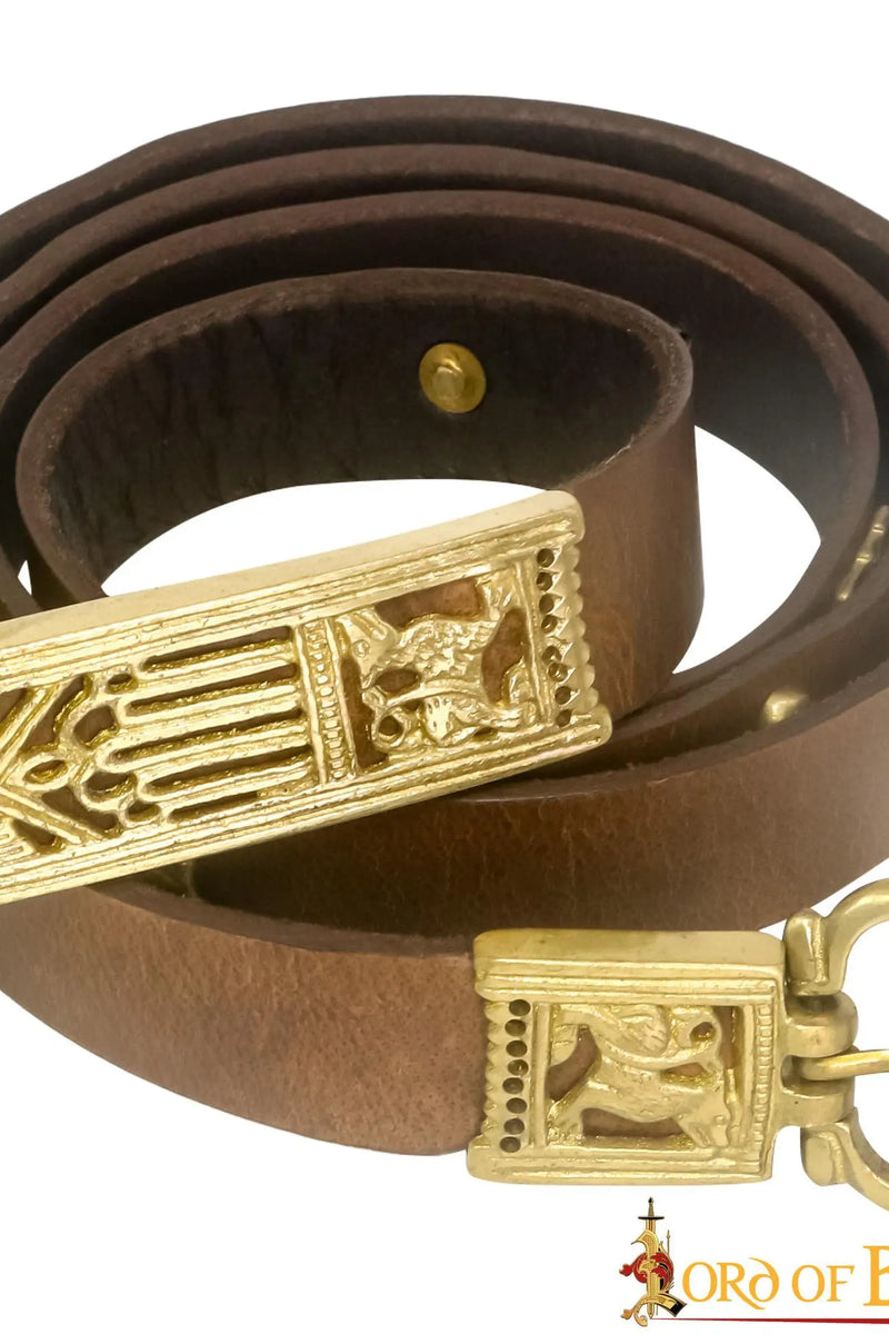 Medieval leather belt with brass fittings, brown