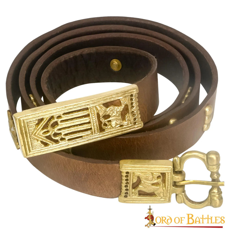 Mittelalterliche Leder Gürtel mit messing Gürtelbeschlag, braun 