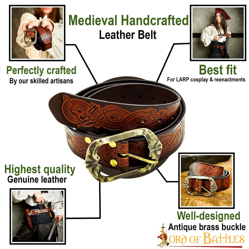 Viking belt with dragons, 130 cm, brown
