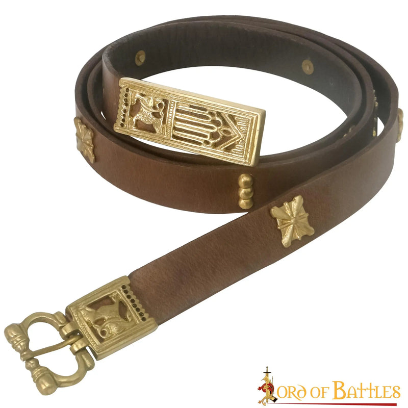 Mittelalterliche Leder Gürtel mit messing Gürtelbeschlag, braun 