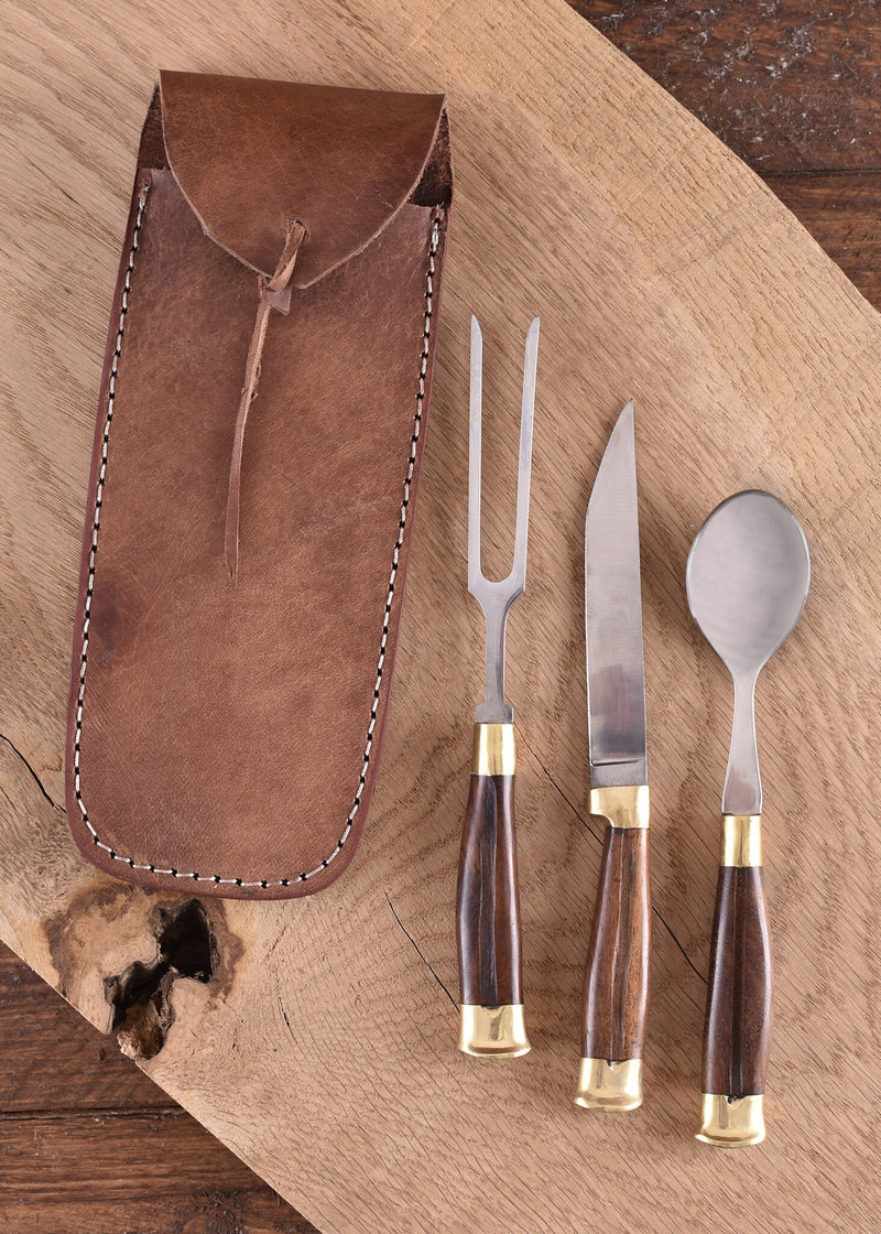 Træbestiksæt med etui, rustfrit stål 