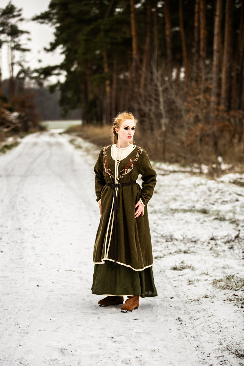 Viking kaftan Skadi, olivgrön, ullblandning 