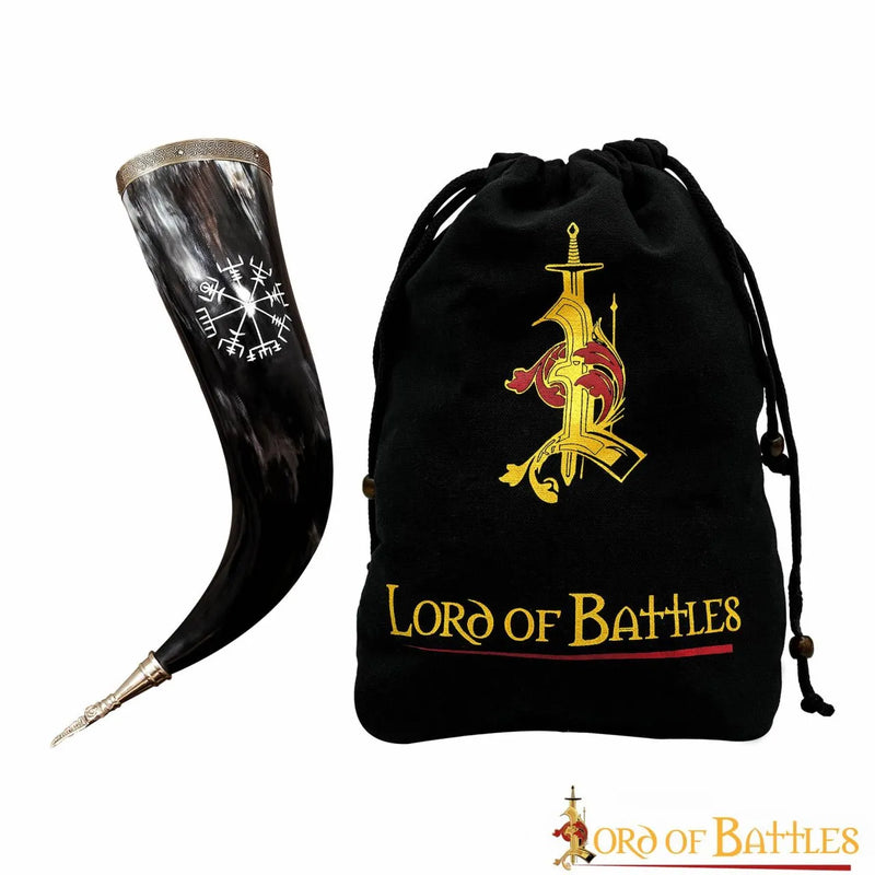 Corno per bere con vegvisir e finiture in ottone, 300-500 ml 