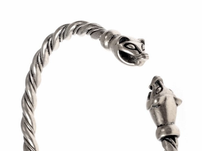 Bracelet viking avec têtes de belette, bronze argenté 