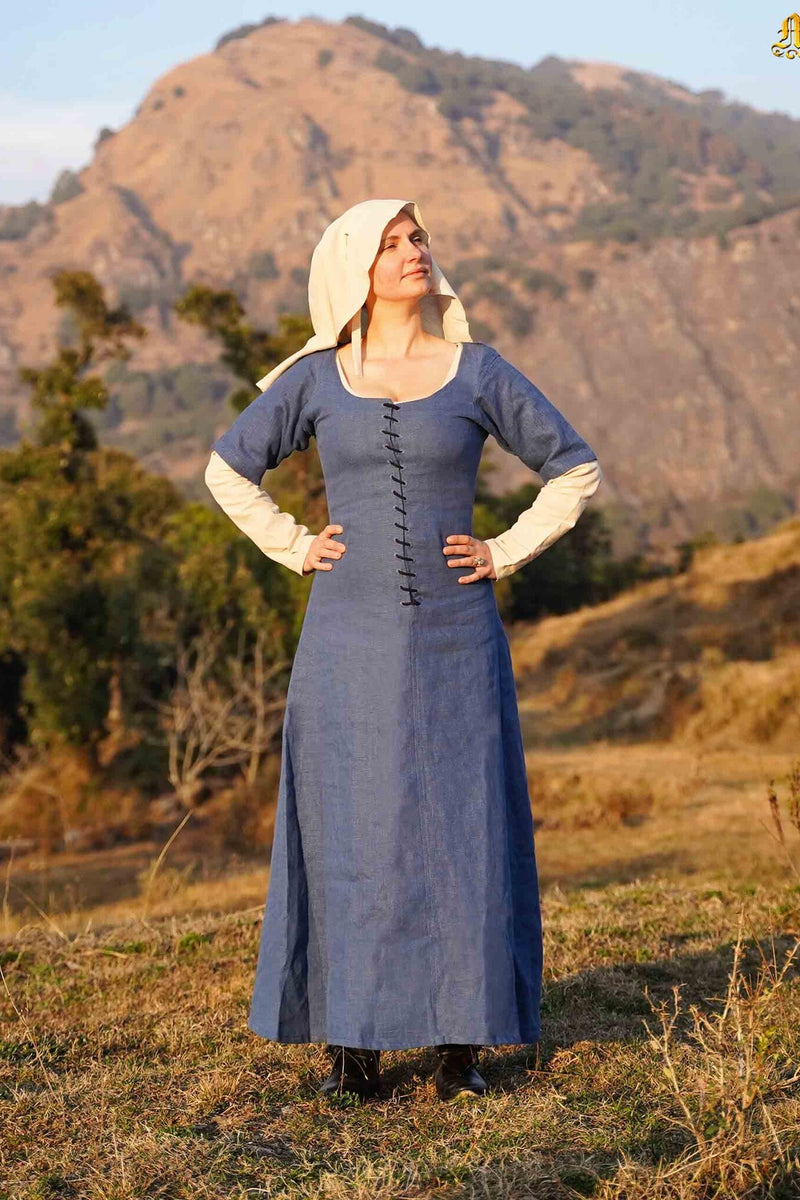 15e eeuwse cotehardie, linnen, blauw