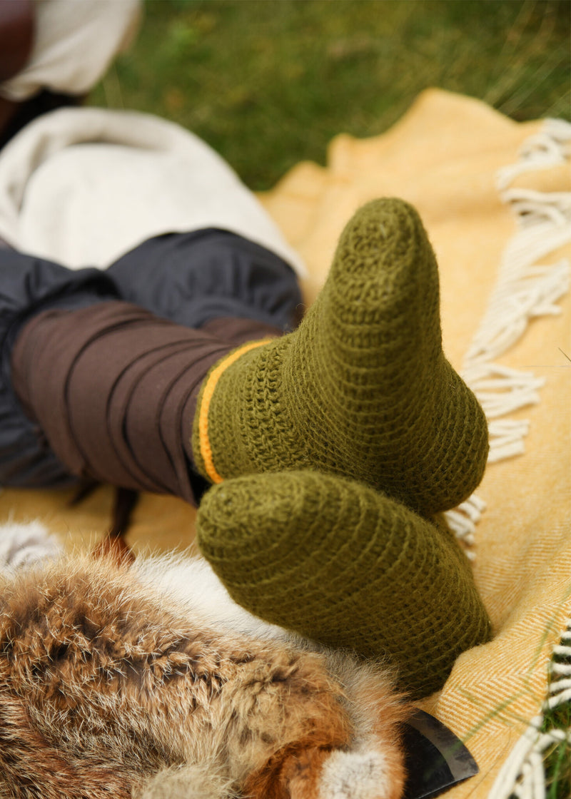 Gehaakte sokken, 100% wol, groen-geel