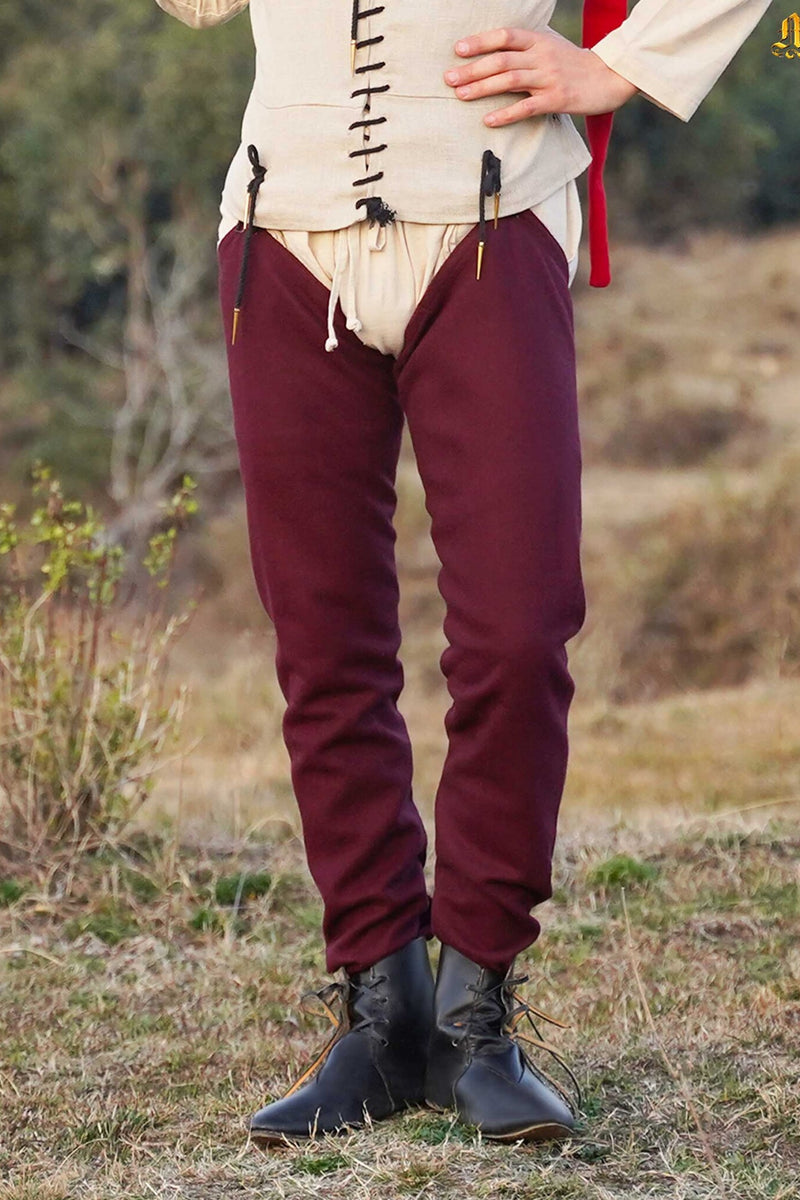 Médiéval chausses, laine, rouge foncé 