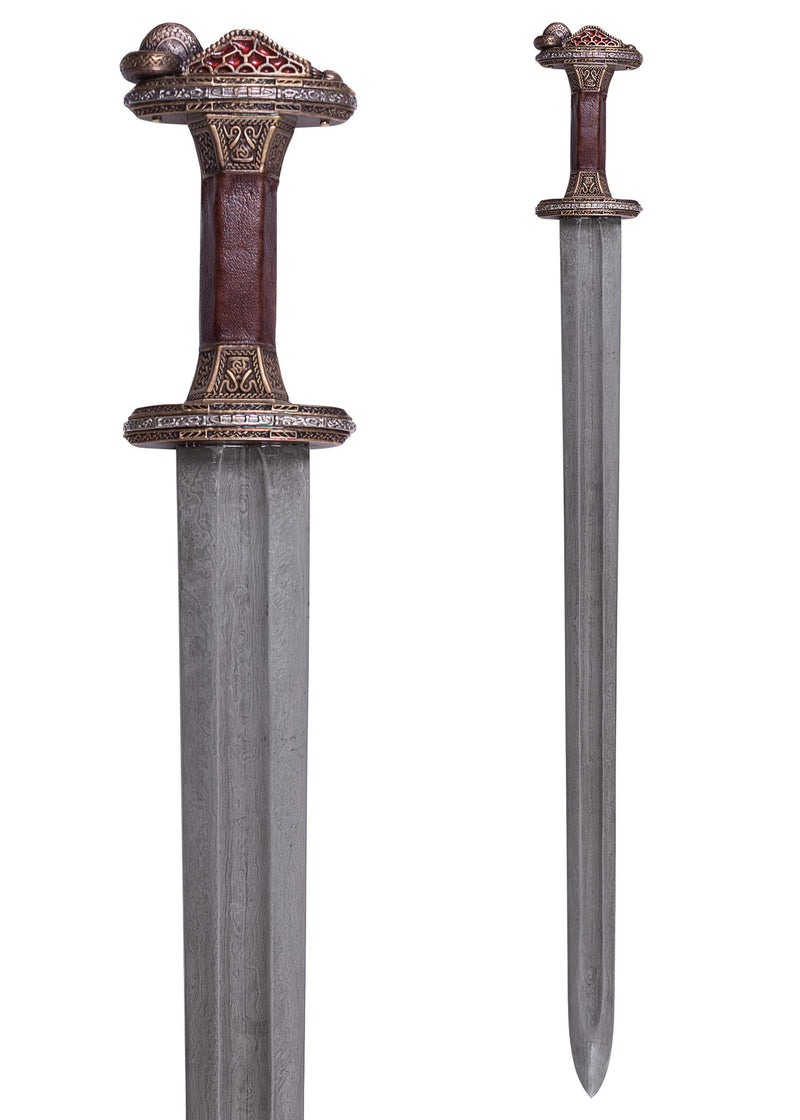 Vendelzwaard Uppsala 7e-8e eeuw, messing gevest, damast, semi-scherp