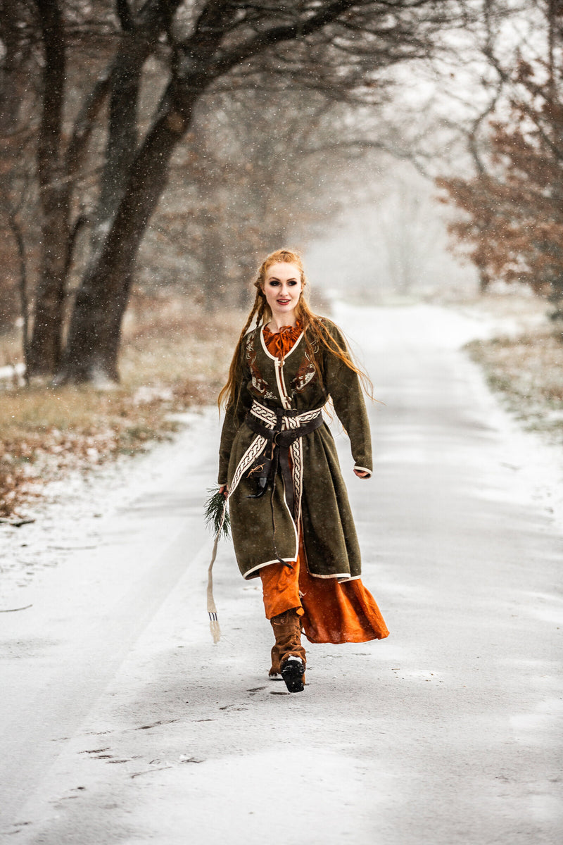 Viking kaftan Skadi, olivgrön, ullblandning 