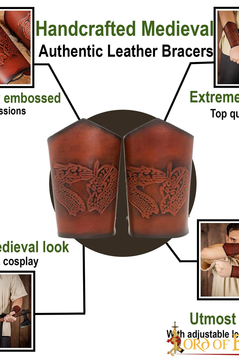 Leren bracers met draak, onderarmbeschermers, bruin