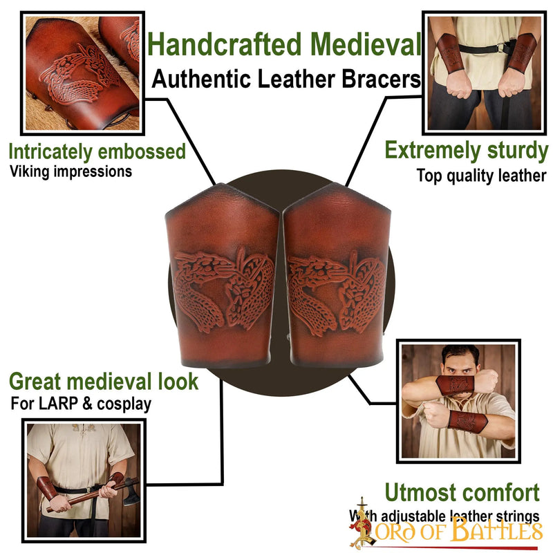 Läderarmskydd med drake, armskenor, brun 