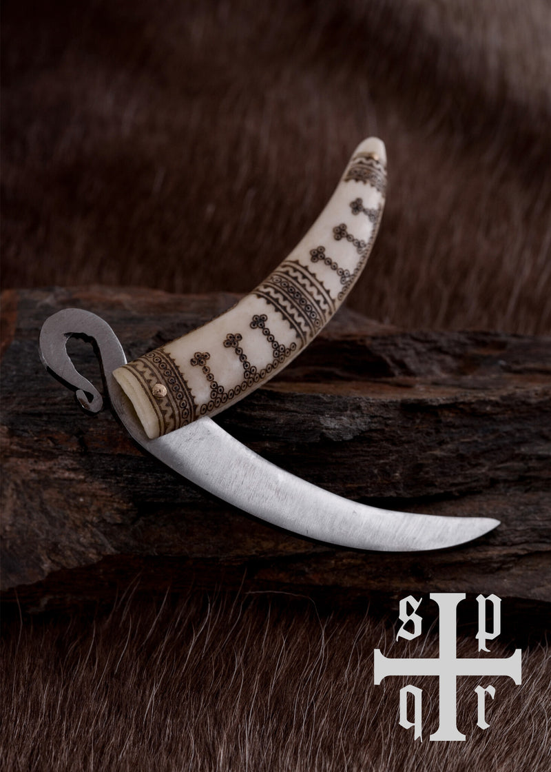 Couteau pliant viking, os poignée, semi-tranchant 
