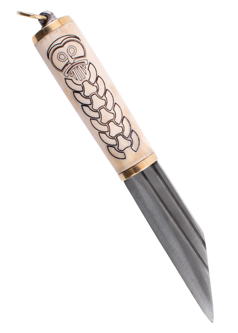 Kleine Noorse viking sax met gedecoreerd benen handvat, semi-scherp
