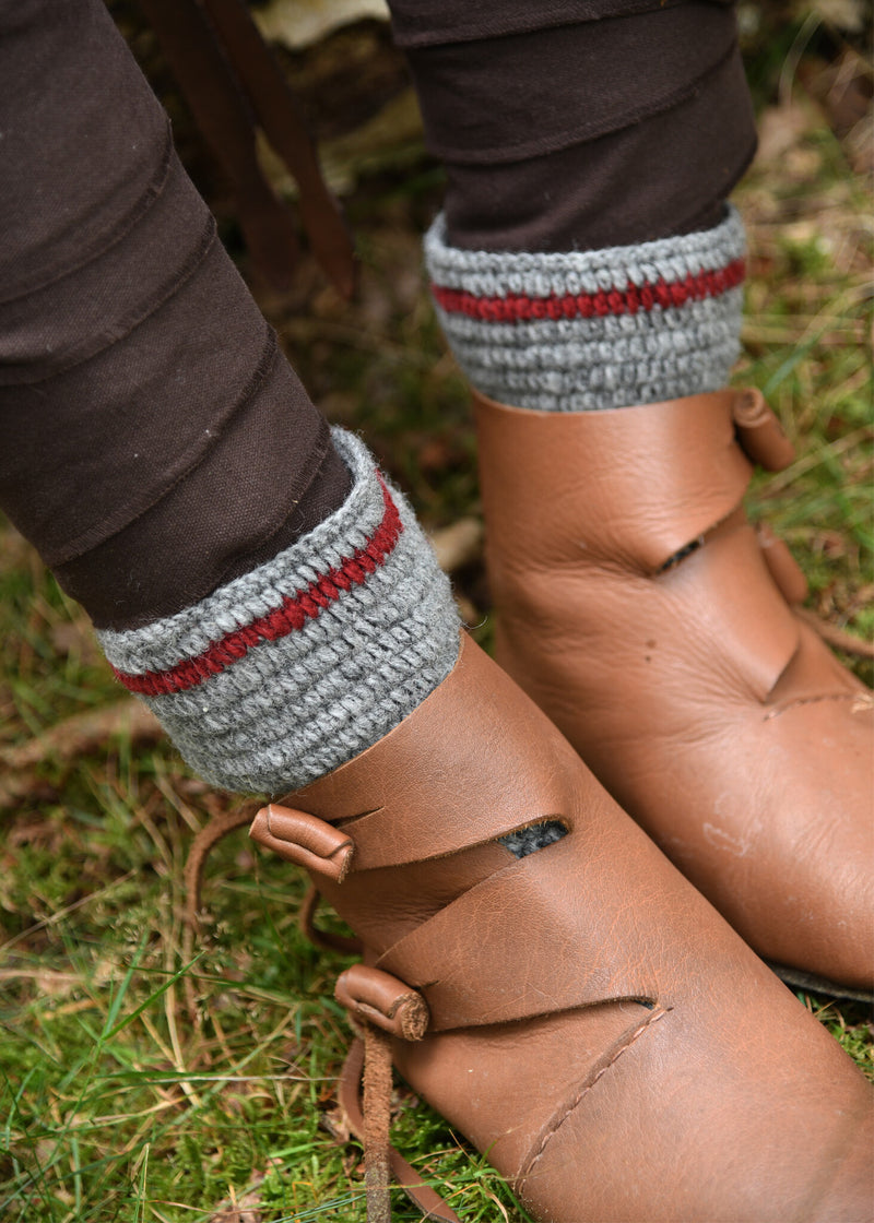 Gehaakte sokken, 100% wol, grijs - wijnrood