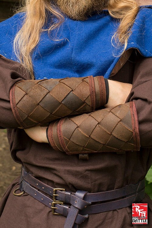 Leather Viking bracers, underarm guards, brown, pair