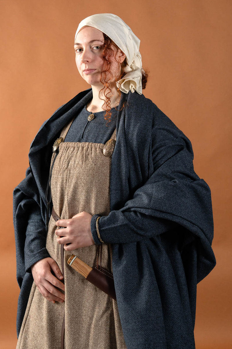 Wikinger Mantel Hjalmar mit Diamantköper, Wolle, blau-schwarz 