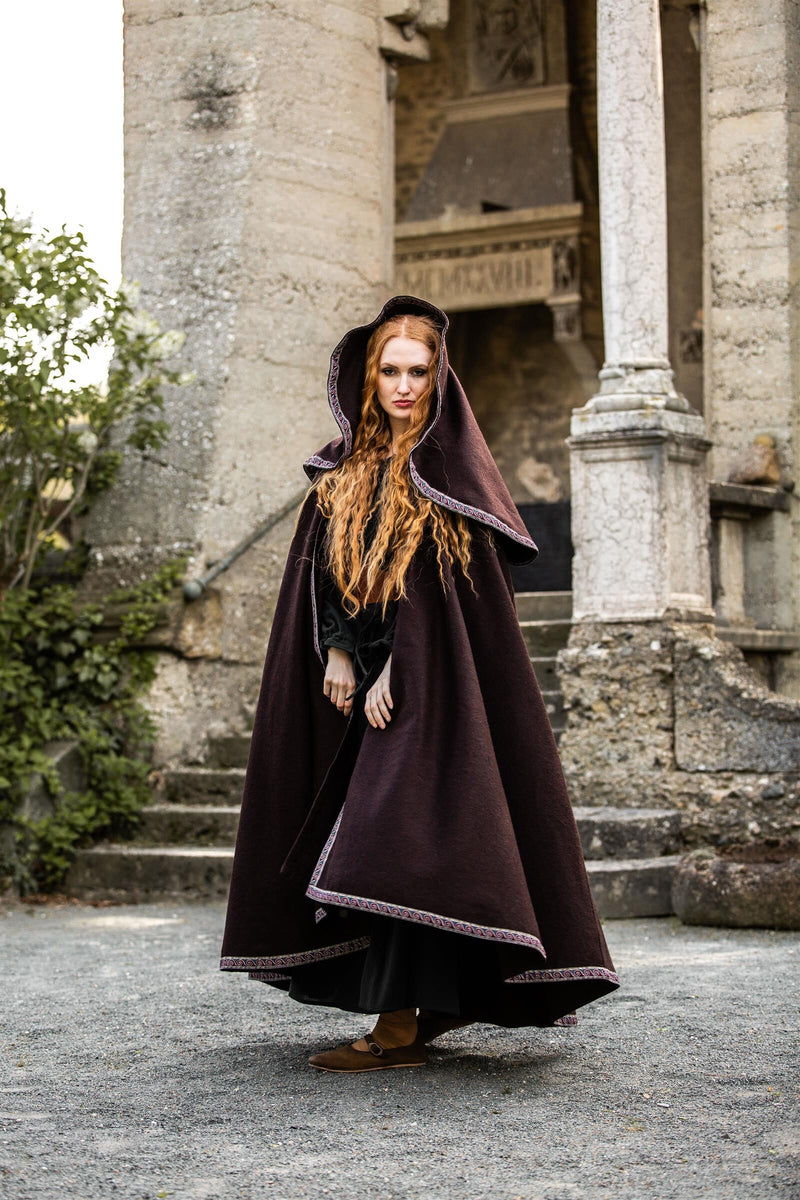 Geborduurde mantel Lyra, wolmix, bruin