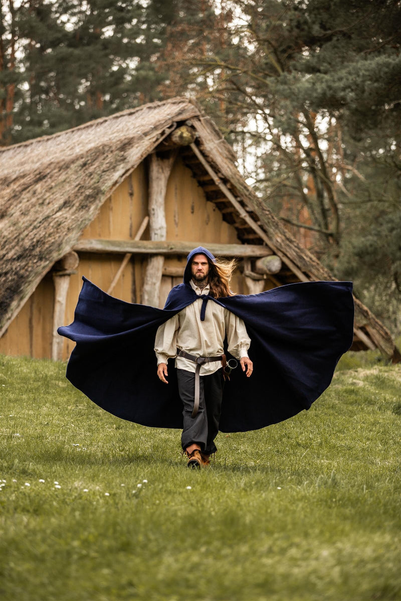 Middeleeuwse mantel met kap, wolmix, blauw