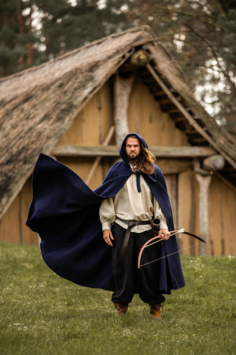 Middeleeuwse mantel met kap, wolmix, blauw