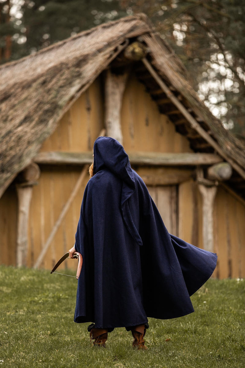 Middeleeuwse mantel met kap, wolmix, blauw