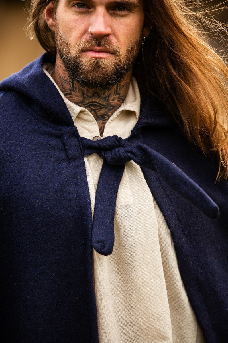 Middeleeuwse mantel met kap, wolmix, blauw