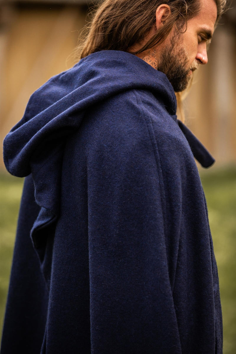 Middeleeuwse mantel met kap, wolmix, blauw
