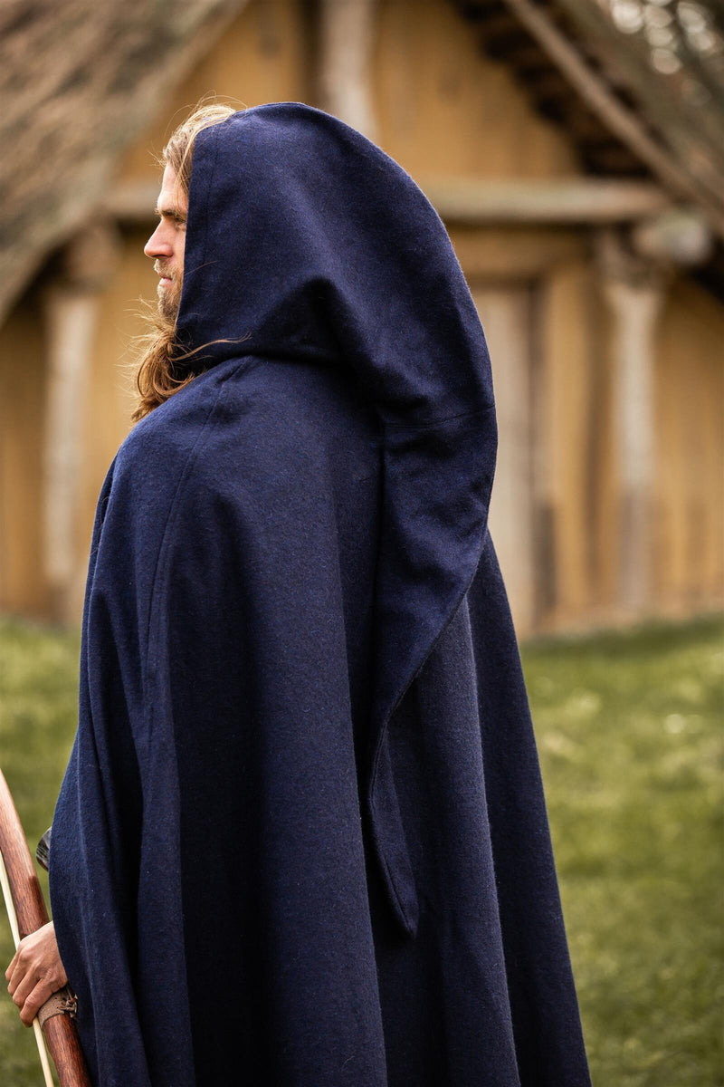 Middeleeuwse mantel met kap, wolmix, blauw