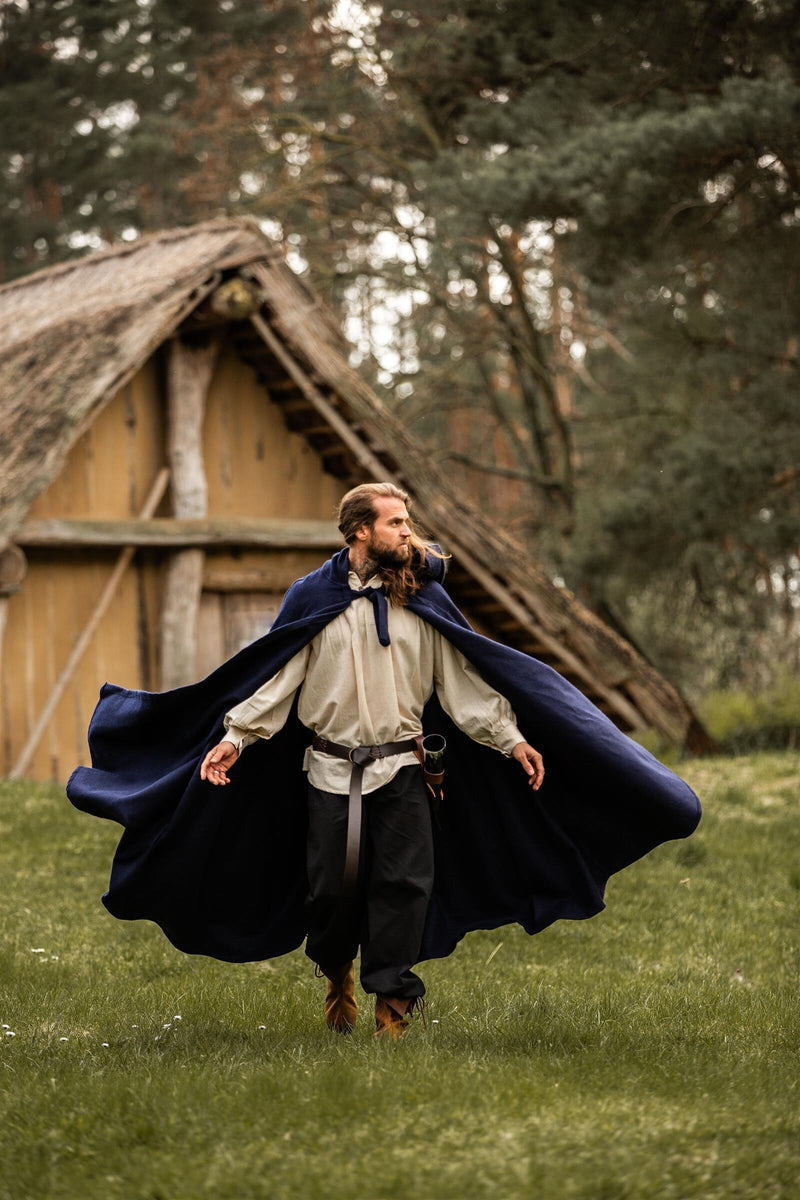 Middeleeuwse mantel met kap, wolmix, blauw