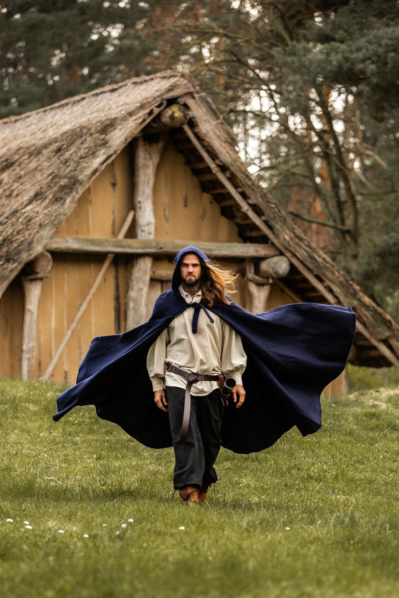 Middeleeuwse mantel met kap, wolmix, blauw