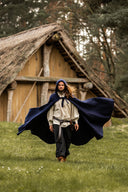 Middeleeuwse mantel met kap, wolmix, blauw