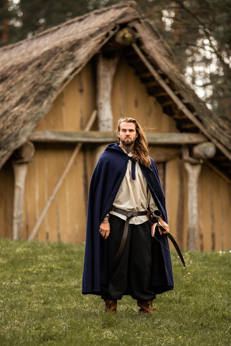 Middeleeuwse mantel met kap, wolmix, blauw