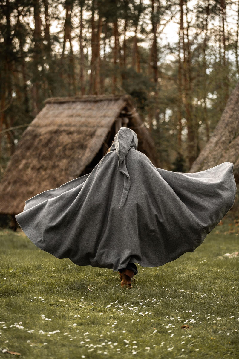 Middeleeuwse mantel met kap, grijs, wolmix