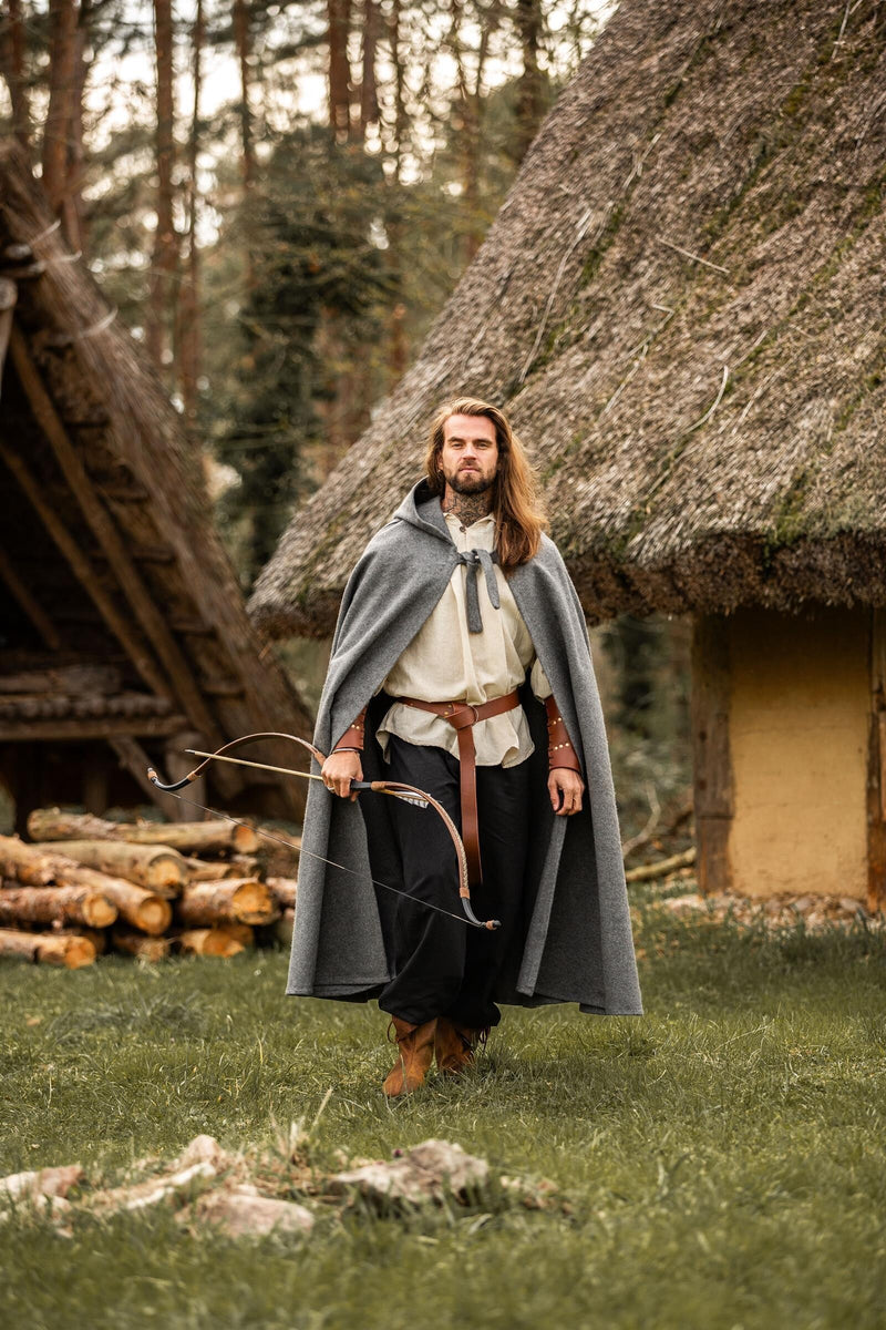 Middeleeuwse mantel met kap, grijs, wolmix