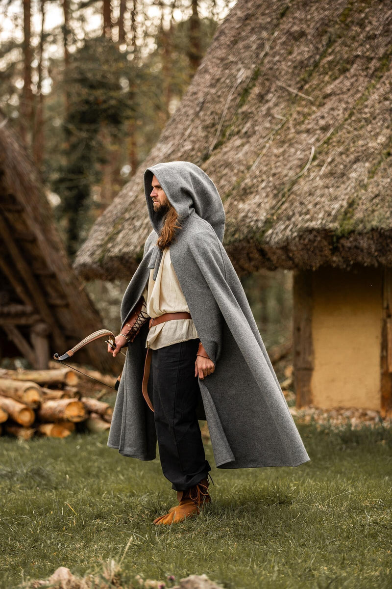 Middeleeuwse mantel met kap, grijs, wolmix