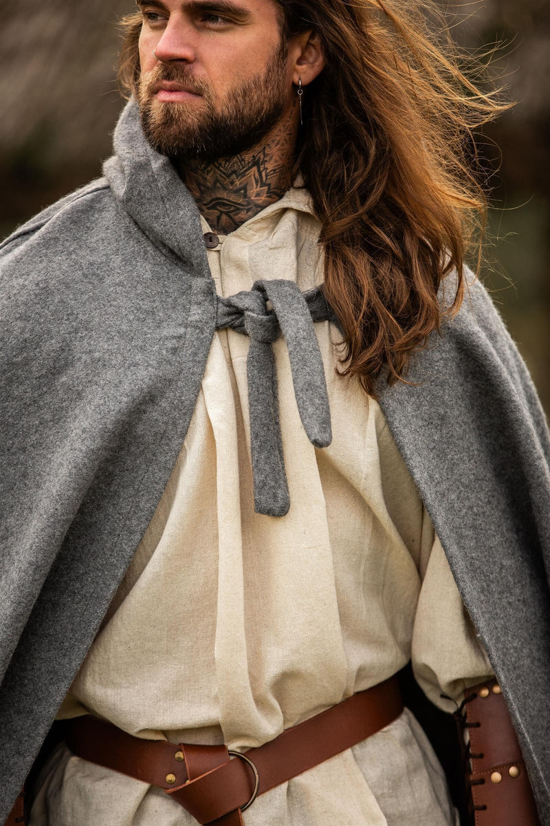 Middeleeuwse mantel met kap, grijs, wolmix