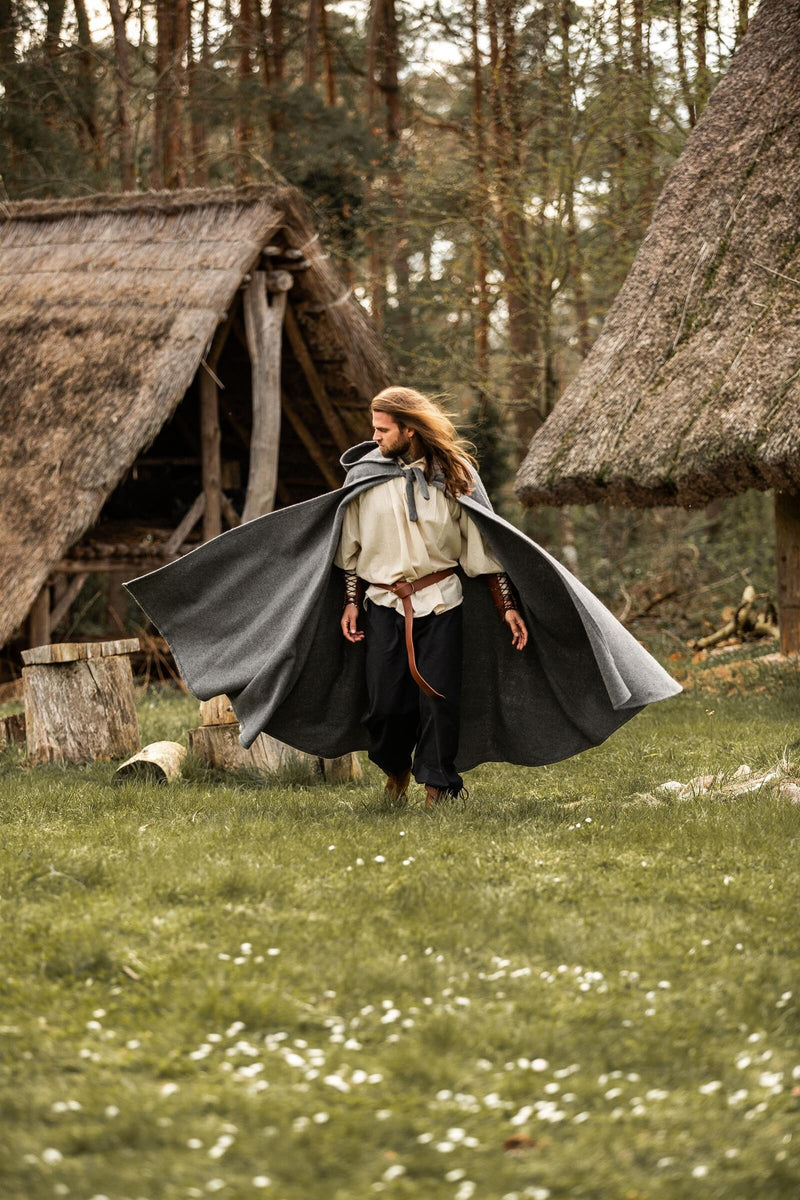 Middeleeuwse mantel met kap, grijs, wolmix