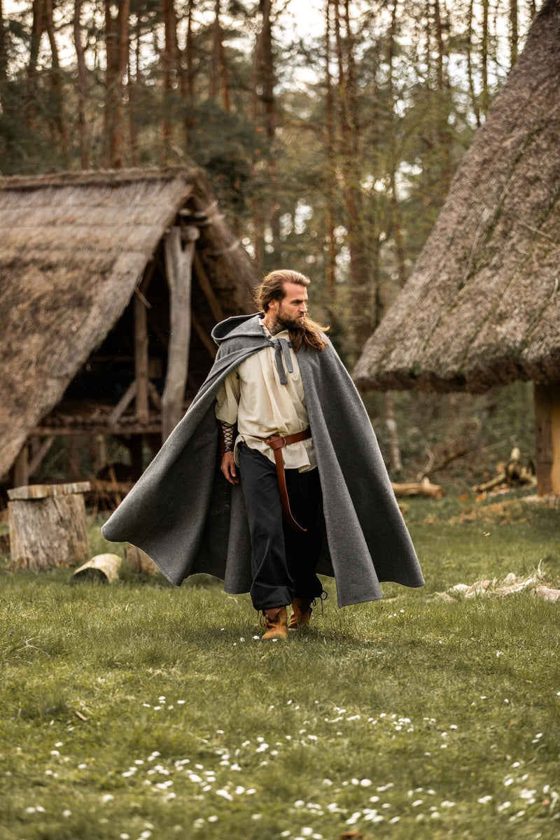 Middeleeuwse mantel met kap, grijs, wolmix