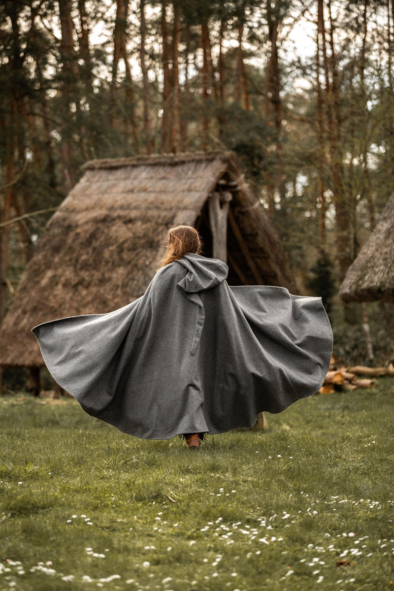 Middeleeuwse mantel met kap, grijs, wolmix