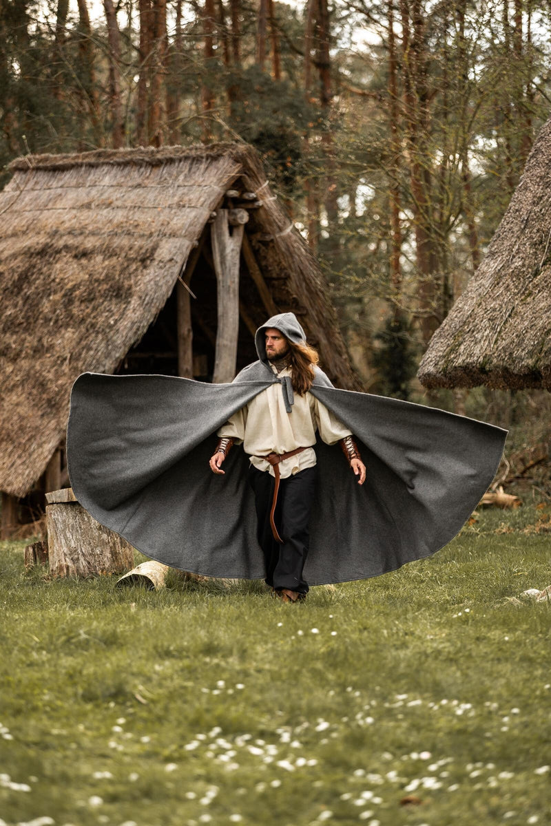 Middeleeuwse mantel met kap, grijs, wolmix