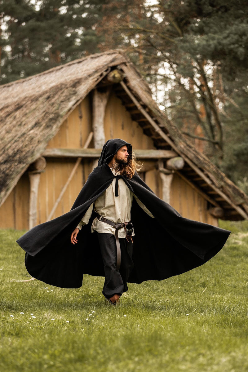 Middeleeuwse mantel met kap, zwart, wolmix